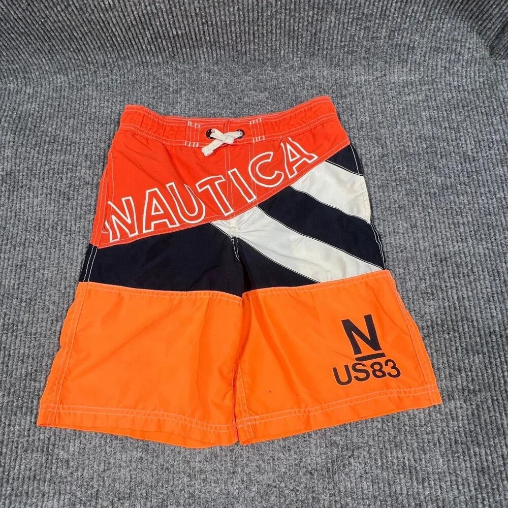 Nautica Boy Swim Trunks Shorts M (10/12) Orange Black US83 Colorblock Mesh Lined